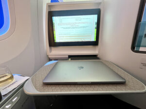 tray table on Hawaiian first class with laptop