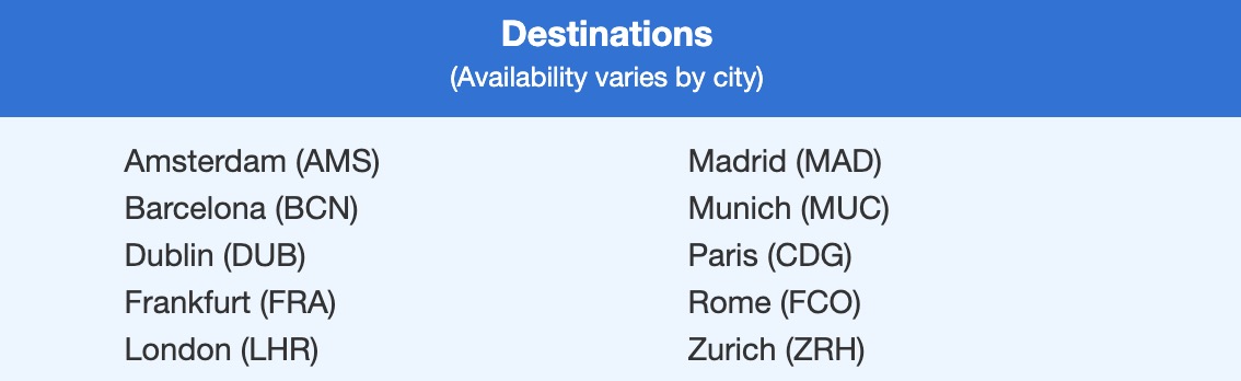 AA destination list
