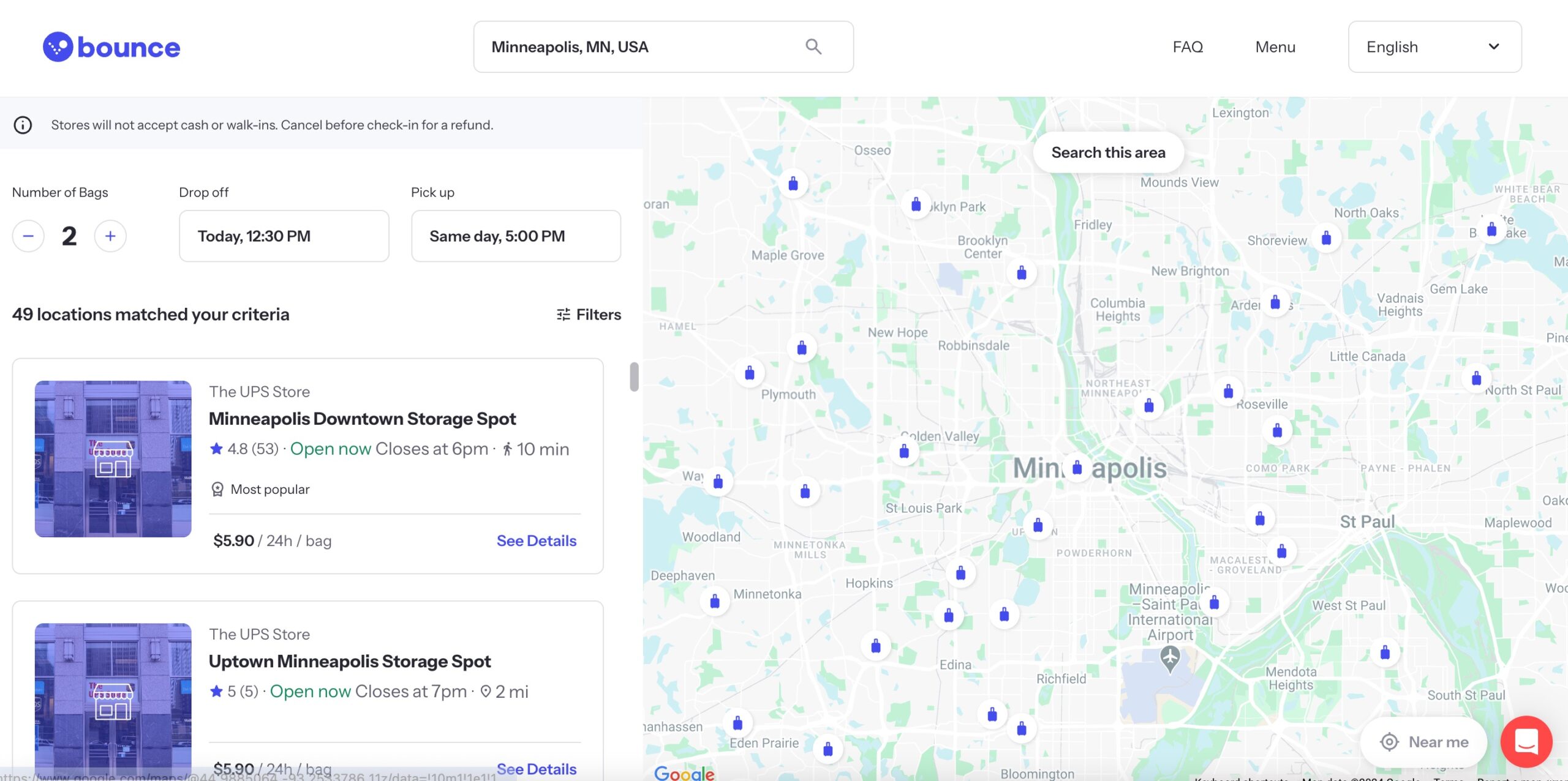 Bounce luggage storage locations Minneapolis