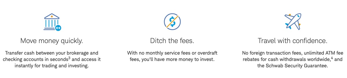 Marketing graphic for the Schwab debit card showing no ATM fees and travel benefits