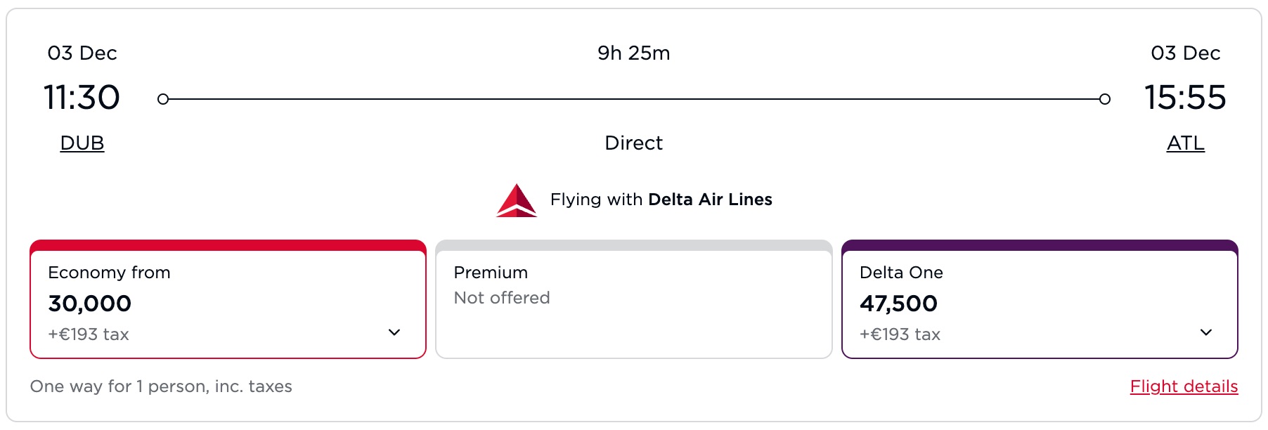 how many miles virgin atlantic is charging for a delta flight from dublin to atlanta