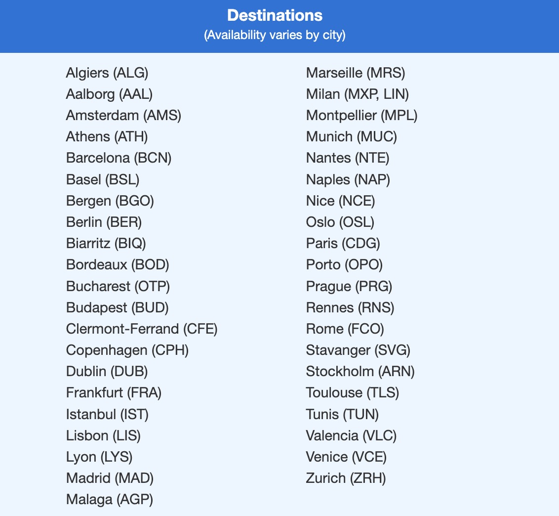 Flying Blue destination list
