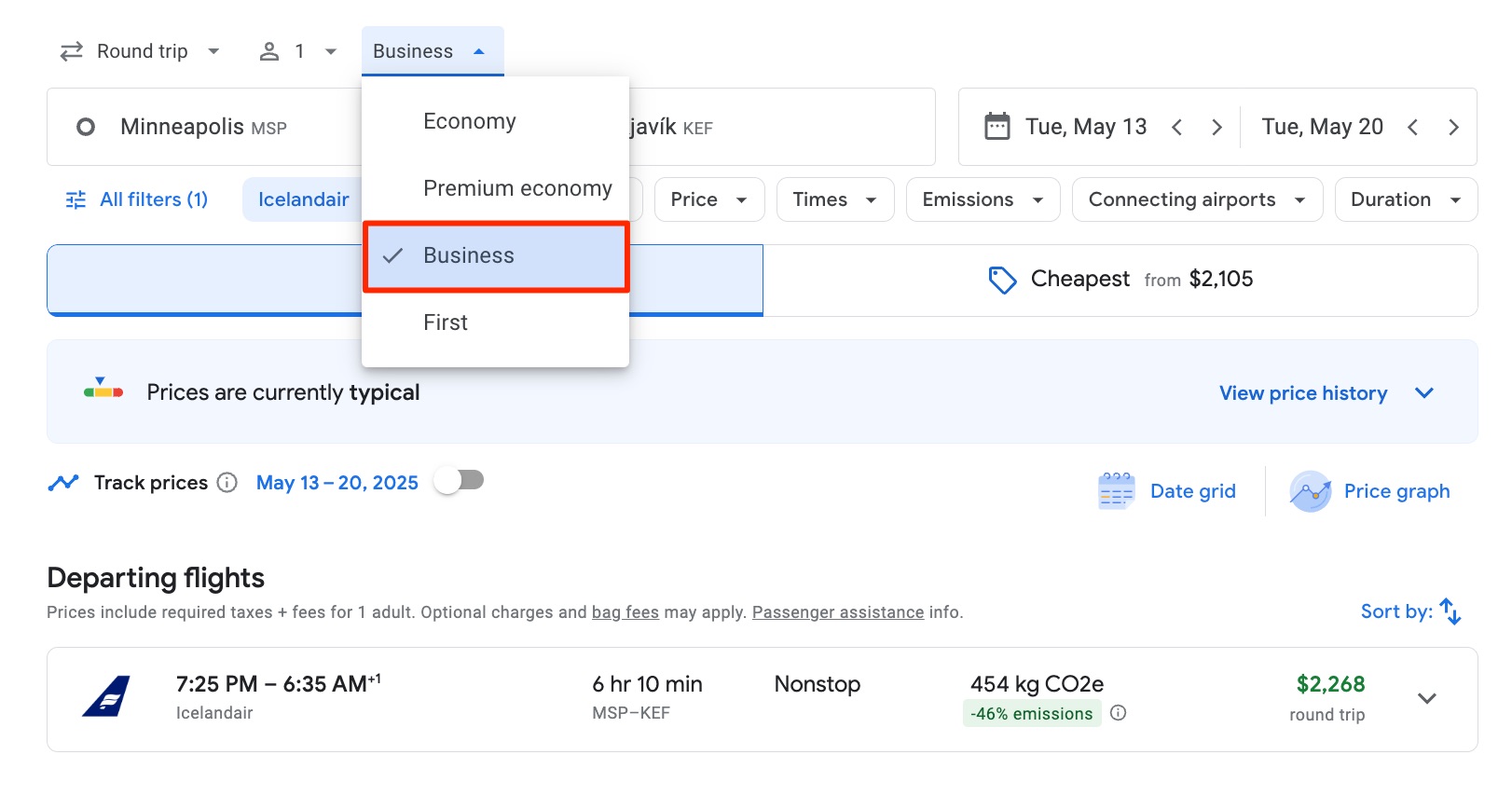 A google flights search for flights from Minneapolis to Reykjavík with business class flights selected