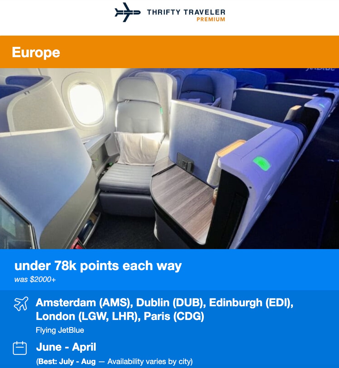 JetBlue Mint Thrifty Traveler Premium deal