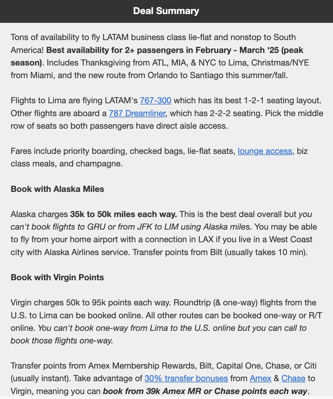 LATAM biz class info