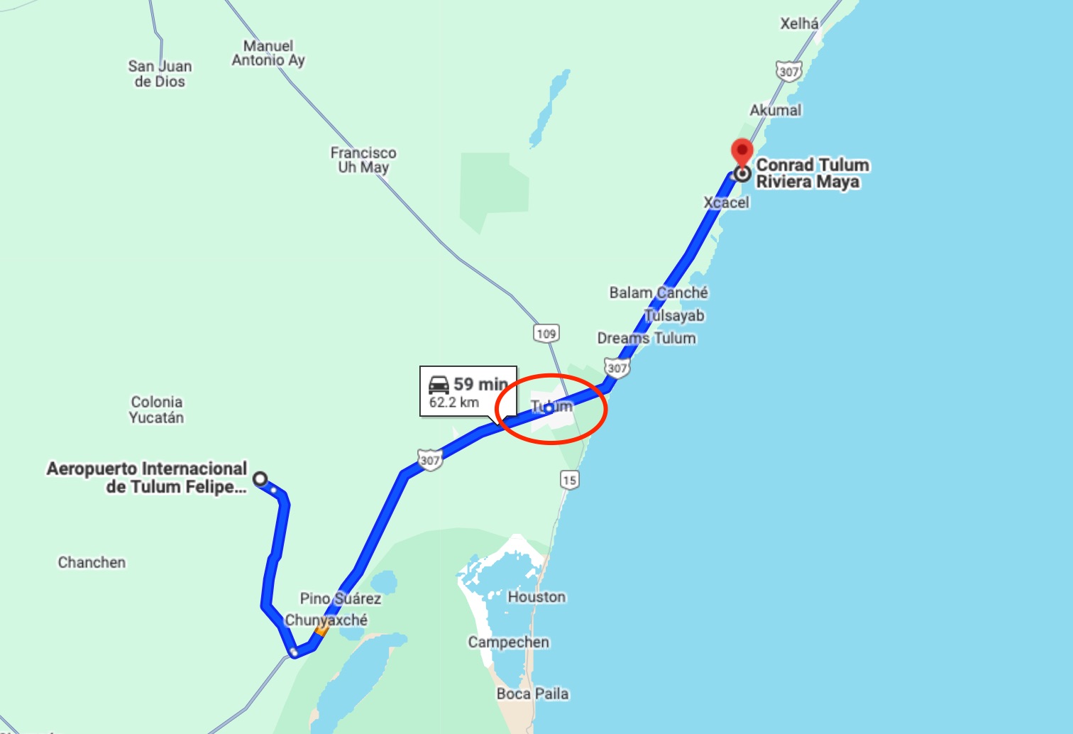 Map from Tulum Airport to Conrad Tulum