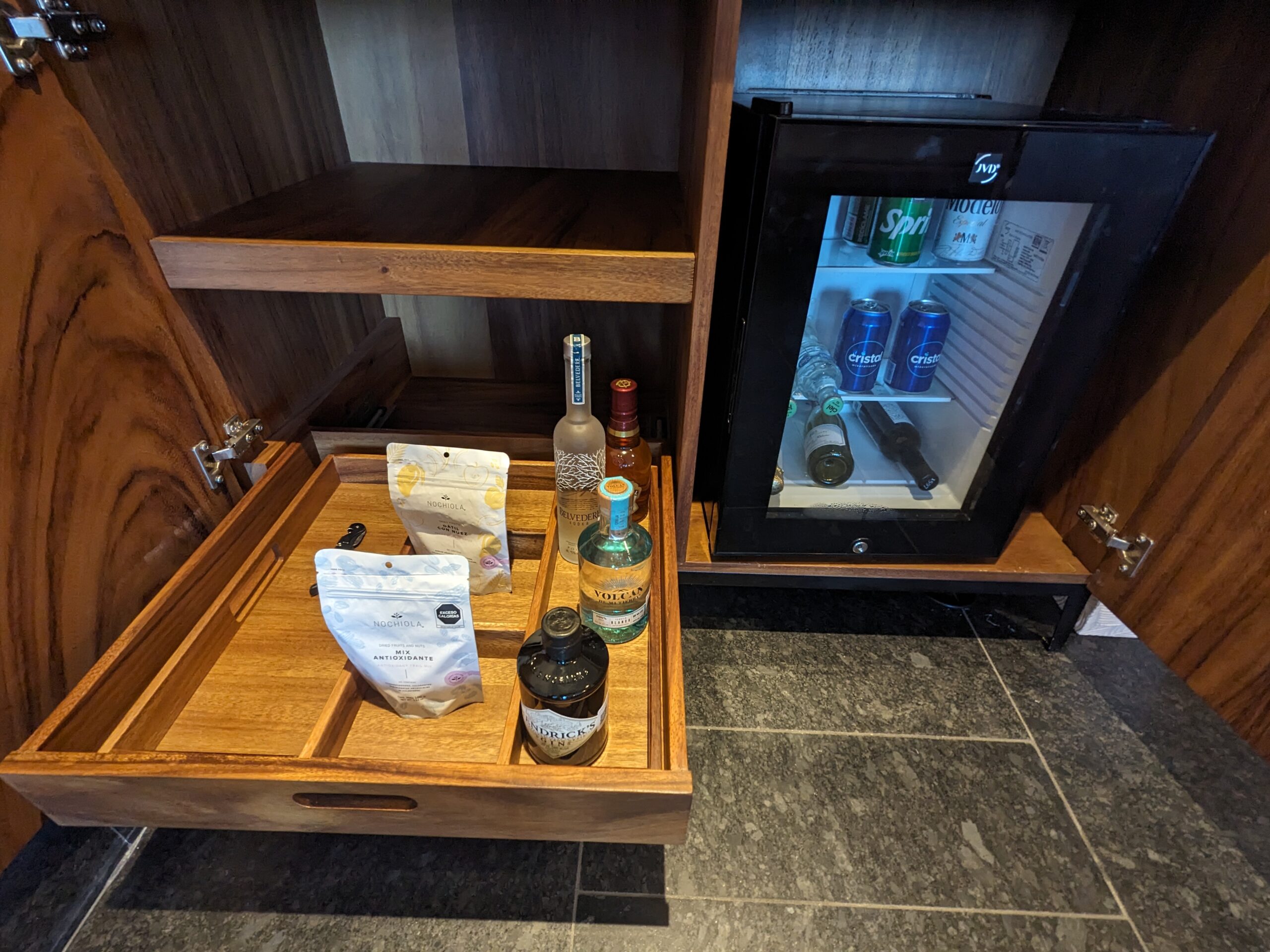 Conrad Tulum mini bar beer, wine, and liquor