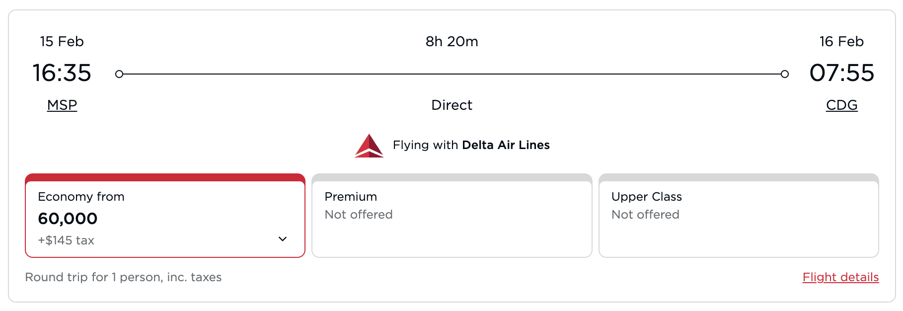 Virgin Atlantic award pricing for a minneapolis to paris delta flight 