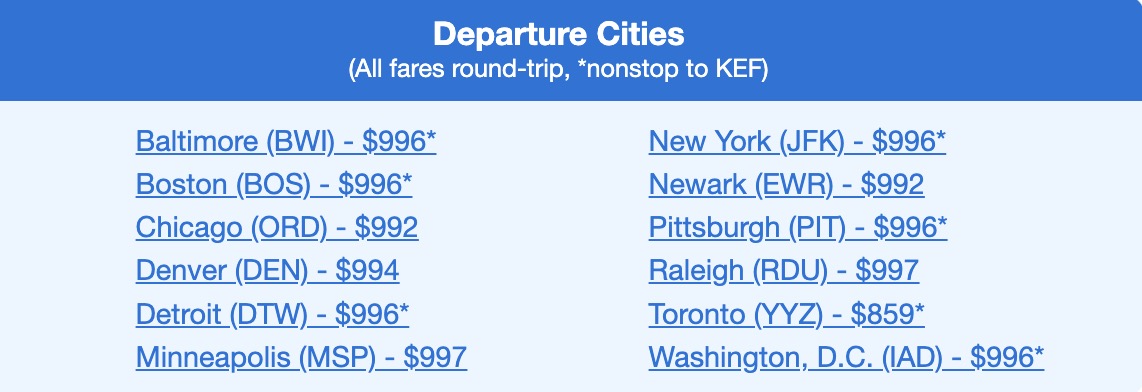 roundtrip Icelandair business class fares from the U.S. to Reykjavik