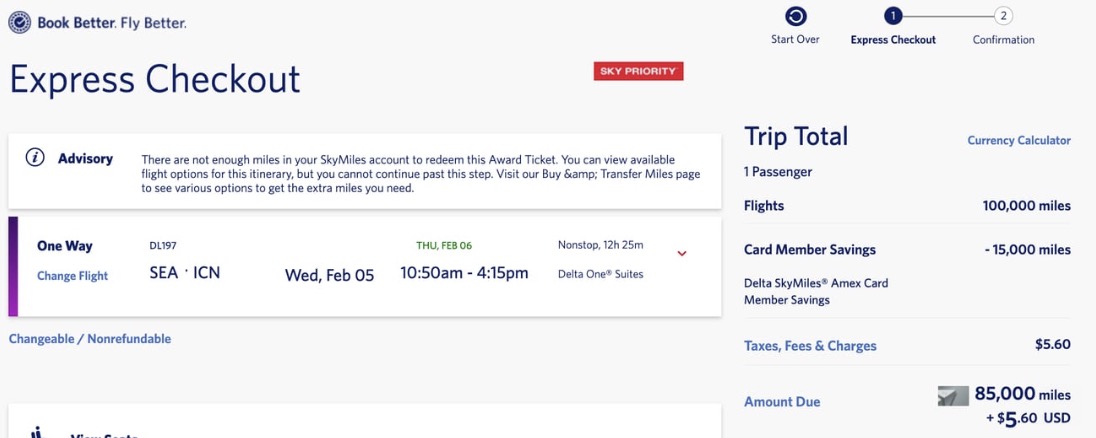 Delta One Suites airfare from Seattle to Seoul for 85,000 SkyMiles