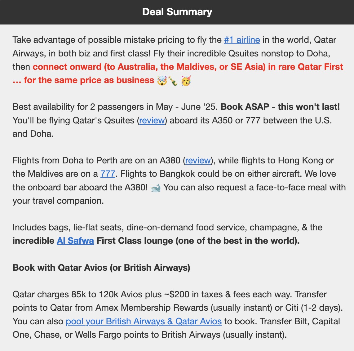 Qatar Airways QSuites and First Class combined flight deal booking information