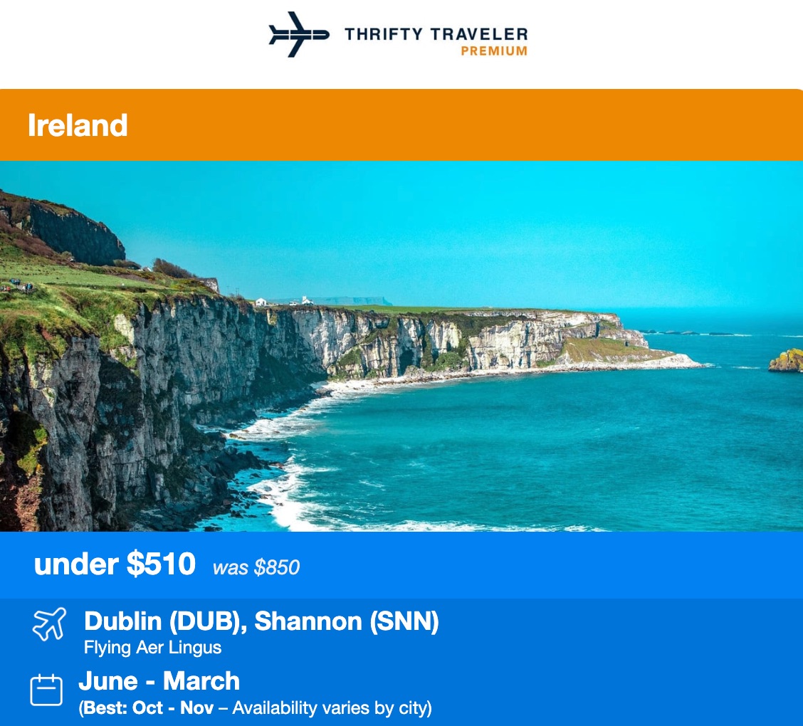 Thrifty Traveler Premium Ireland flight deal