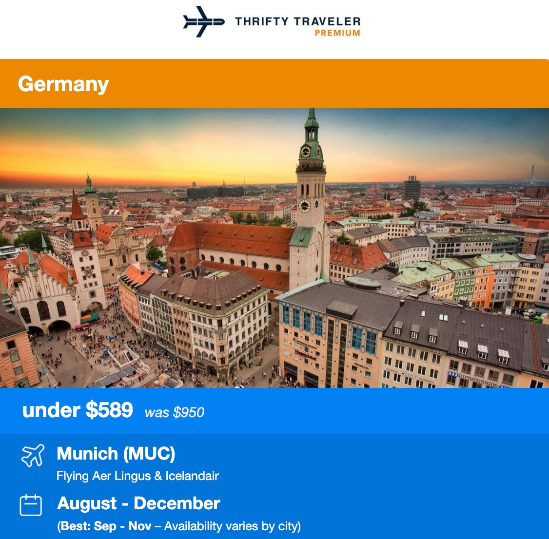 Thrifty Traveler Premium munich flight deal