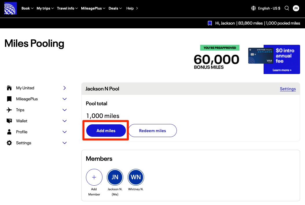 United miles pool adding miles