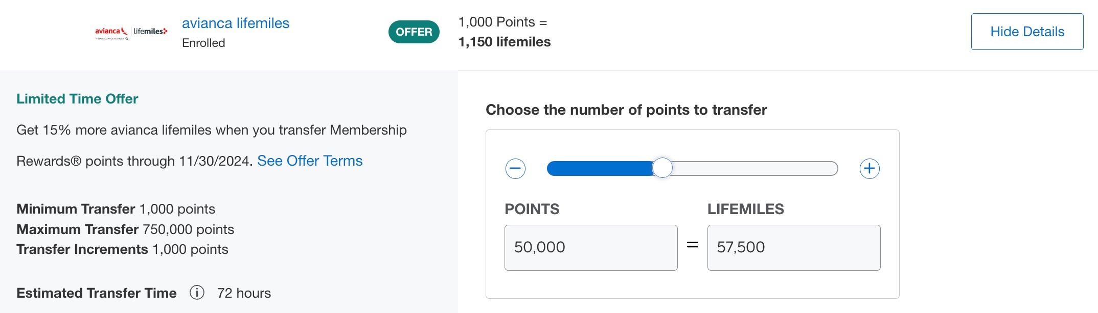 screen with slider showing transfer bonus to avianca lifemiles