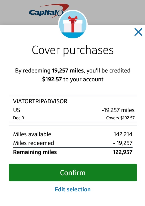 Redeeming 19,257 Capital One Miles to cover a $192.57 Viator expense 