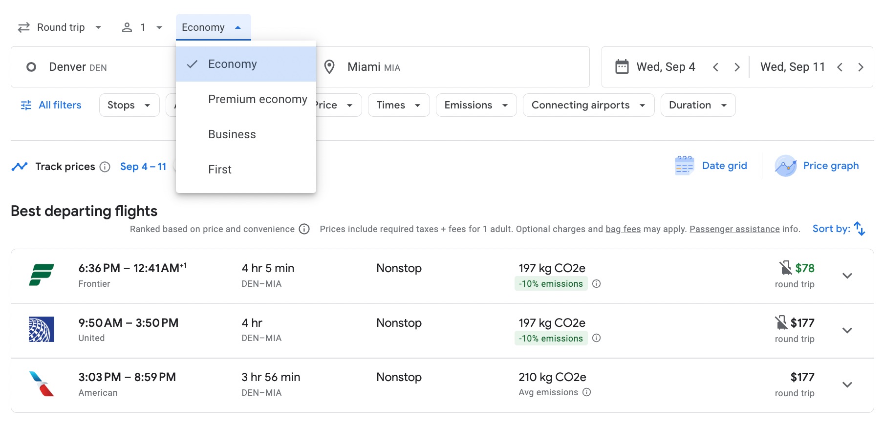 cabin filter google flights