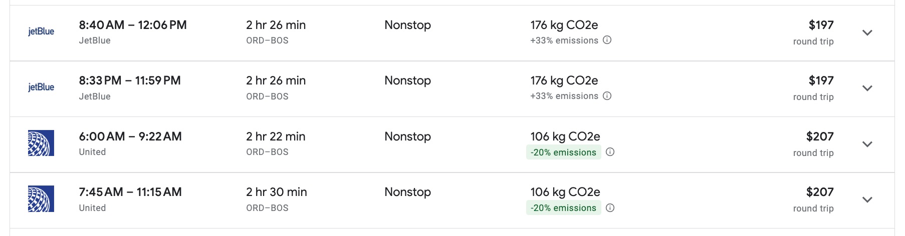 chicago boston jetblue united fares