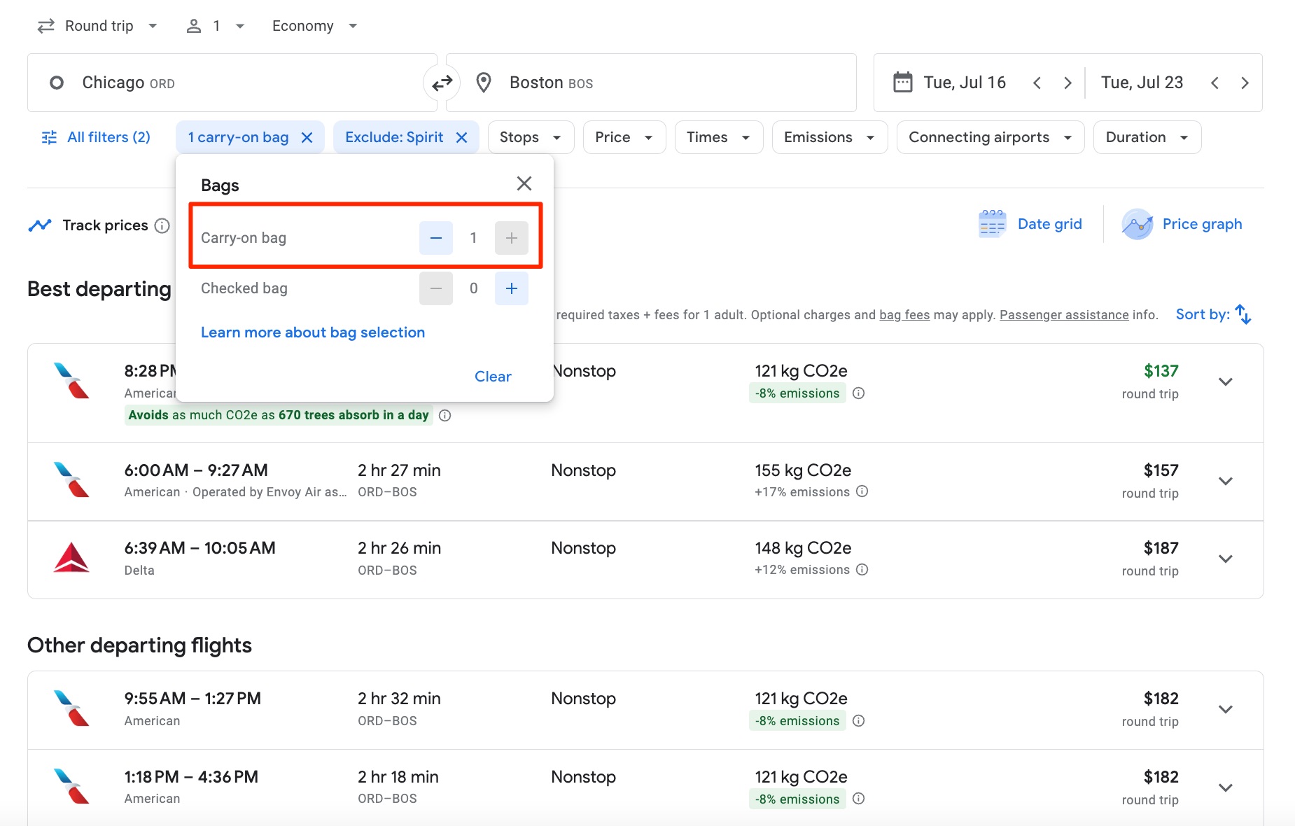 google flights carry-on bag