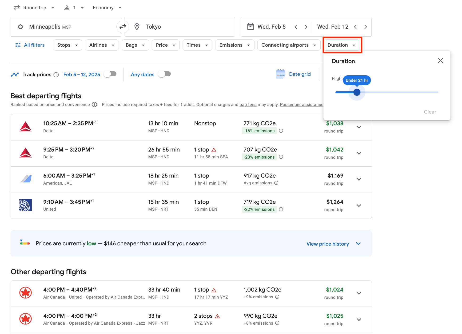 google flights duration filter
