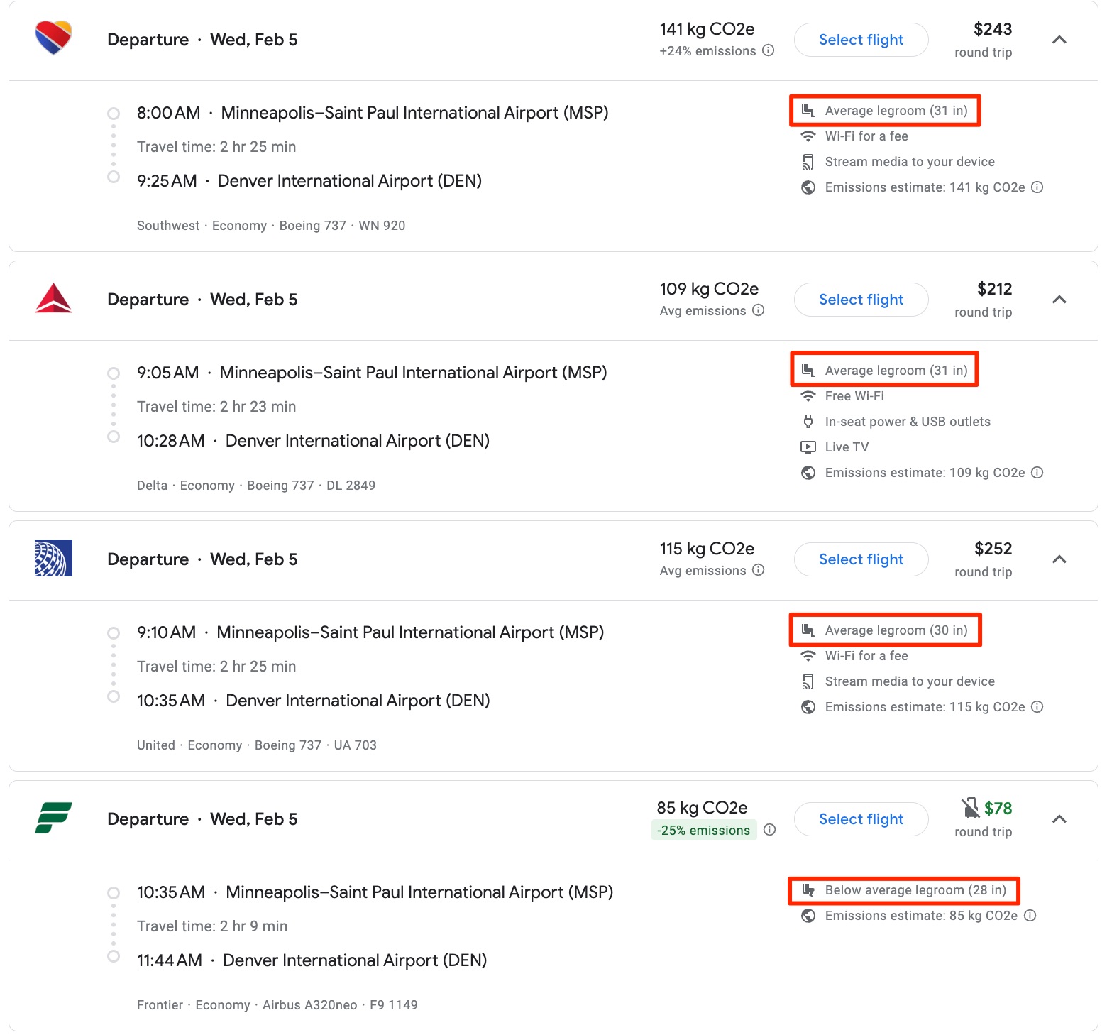 google flights legroom