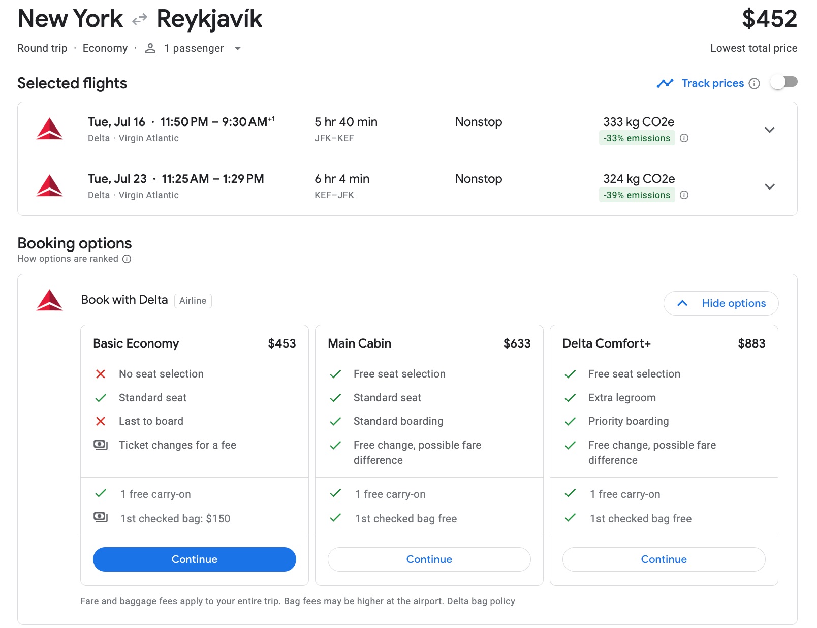 google flights fare breakdown jfk to reykjavik