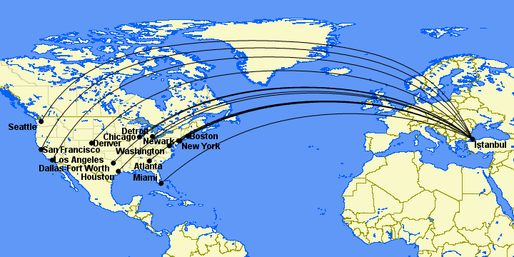 Could Turkish Start Nonstops from Minneapolis to Istanbul This Year? 1 map of current Turkish Airlines routes between Istanbul and the U.S.