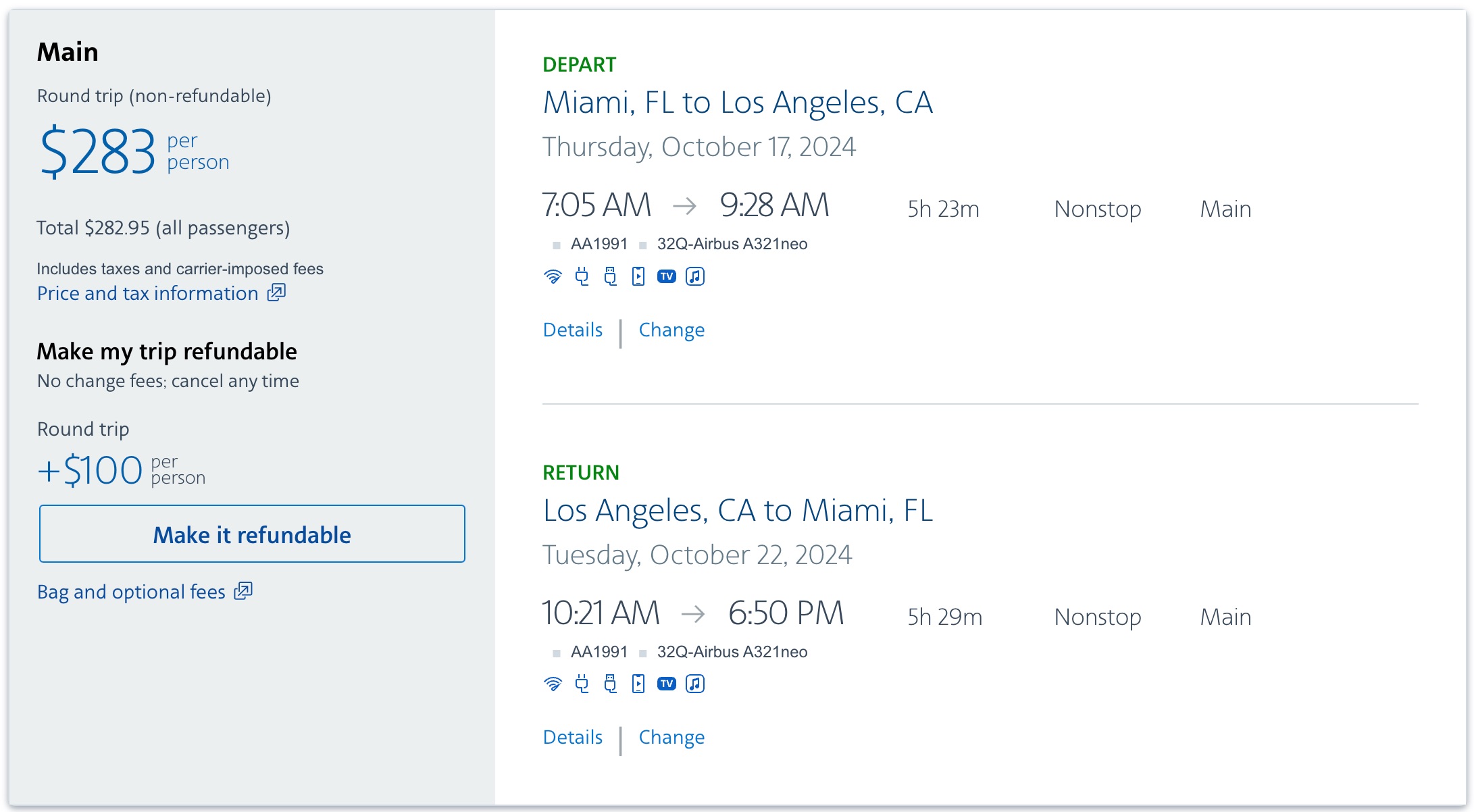 AA main cabin MIA-LAX