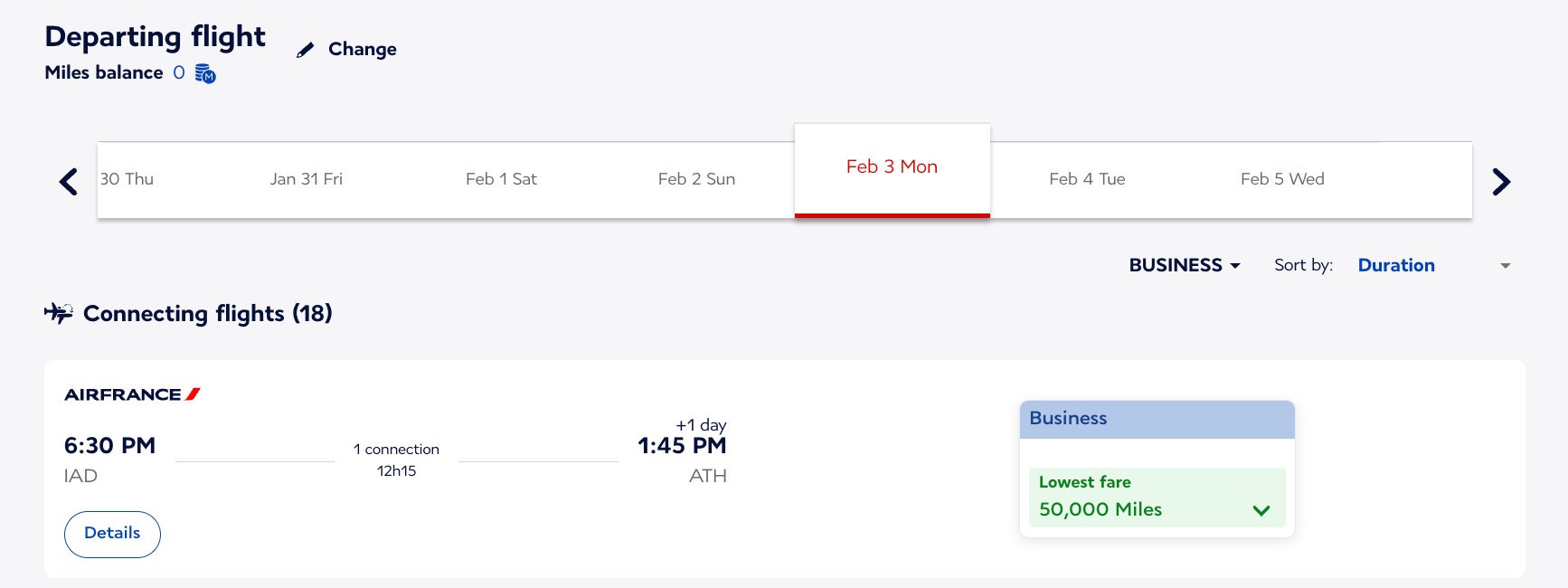 Redeem Capital One Miles for IAD-ATH biz class award flight for 50K Flying Blue miles one-way