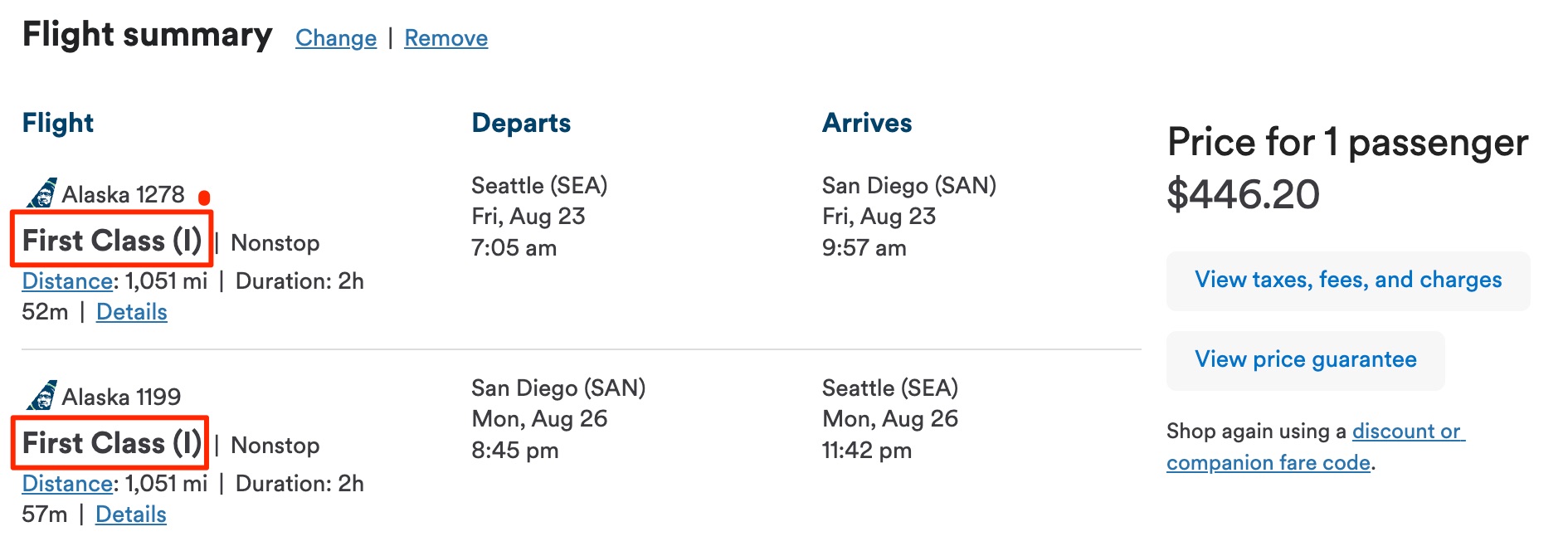 Alaska first class (I) fare