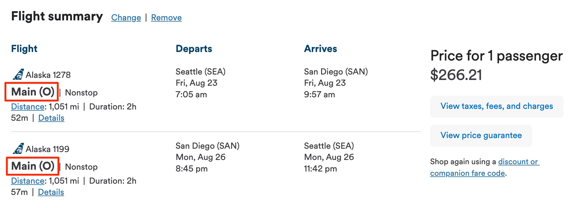 Alaska main cabin (O) fare