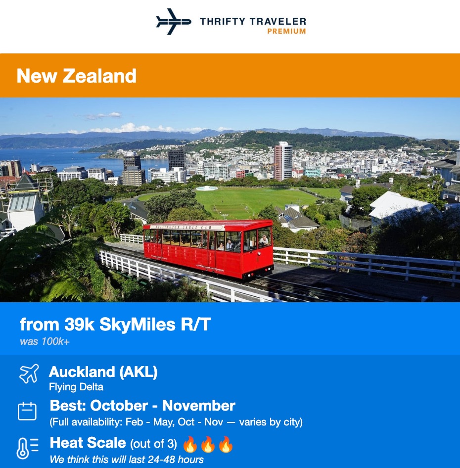 Thrifty Traveler Premium flight deal to New Zealand from 39,000 SkyMiles roundtrip 