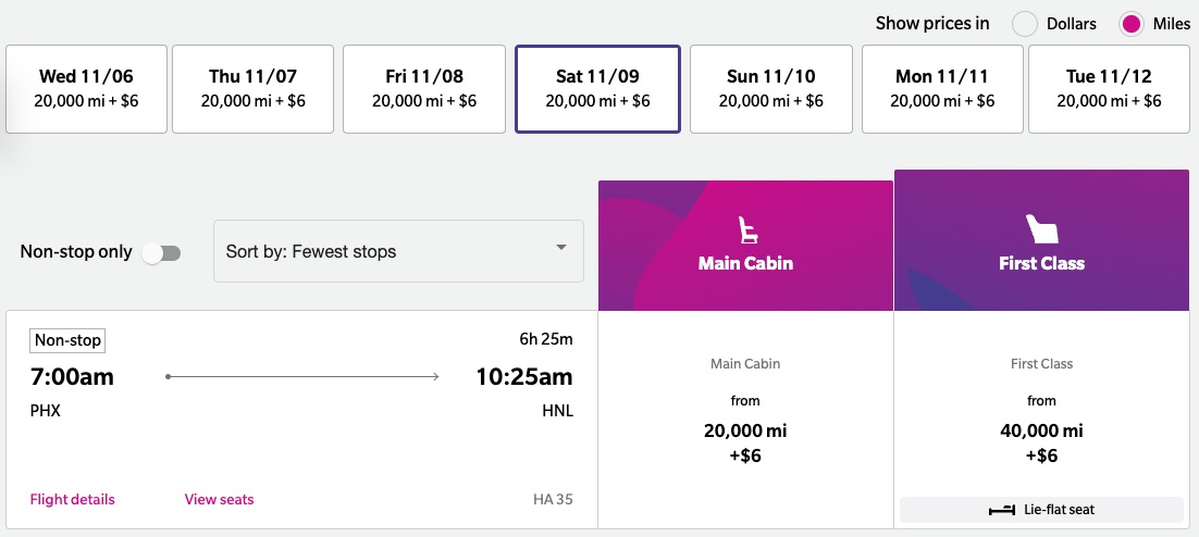 Hawaiian Airlines PHX-HNL first class award flight for 40k miles one-way