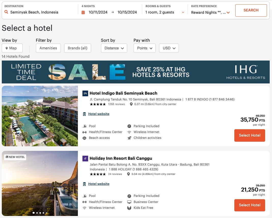 IHG award search results (Bali)