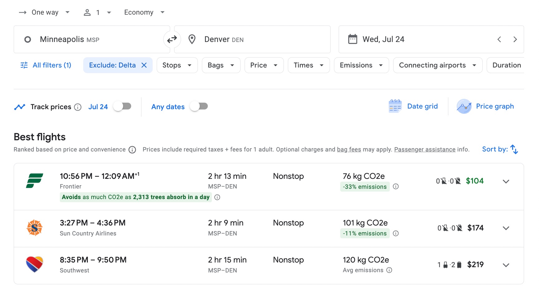 MSP-DEN Google Flights search
