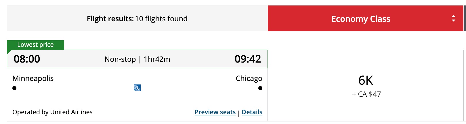 flight results for a flight from Minneapolis to Chicago. 6,000 points plus $47 for economy