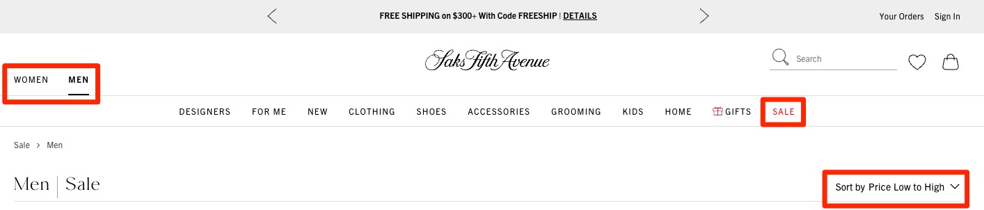 Saks Fifth Avenue Website Menu