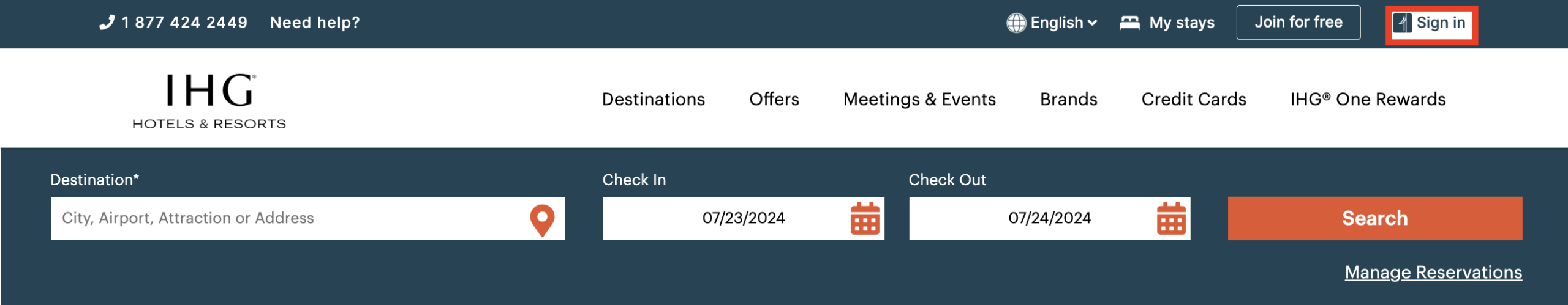 IHG One join for free button