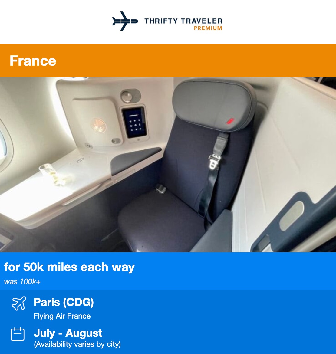 Redeem Capital One Miles with a Thrifty Traveler Premium Air France business class deal for 50k miles one-way