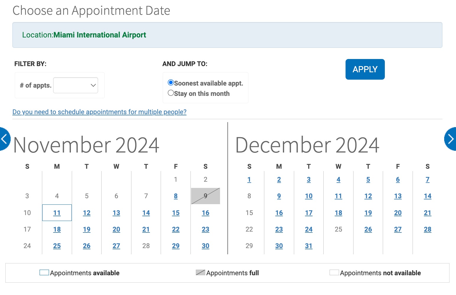 calendar showing global entry availability in miami