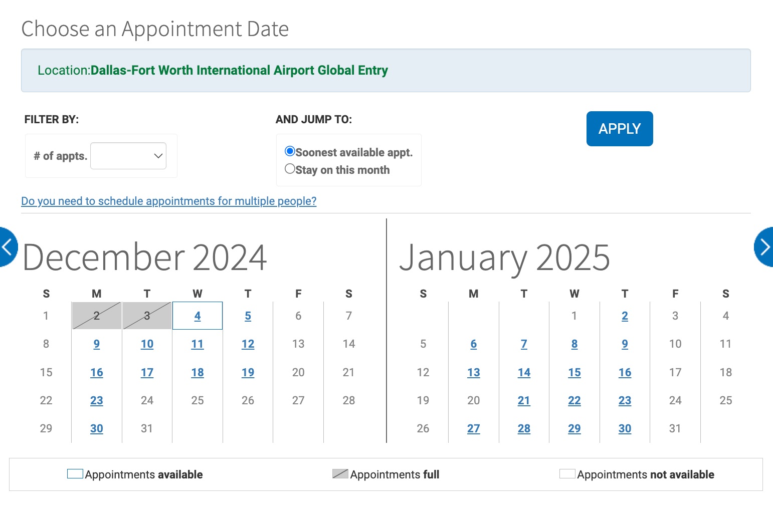 calendar of dates shwing global entry appointments