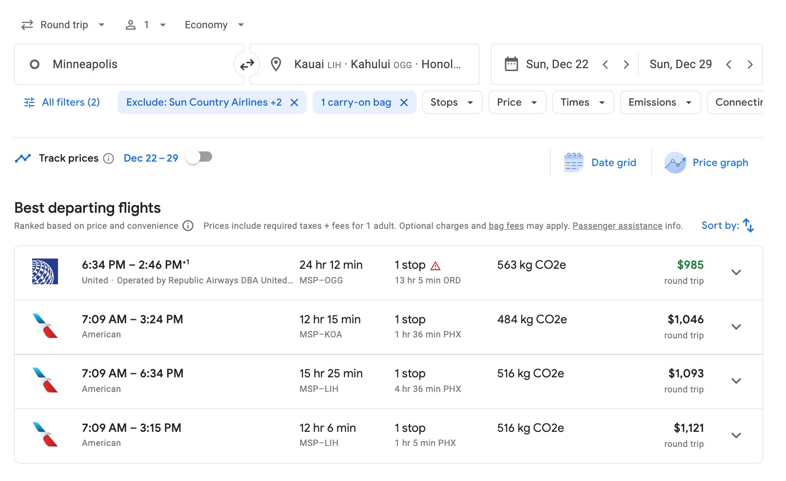 hawaii regular flight prices