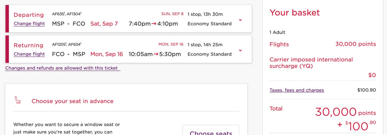 MSP-FCO Virgin Atlantic award flight