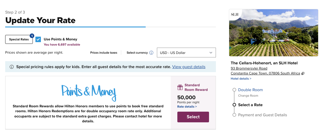 hilton points redemption at the cellars-hohenort