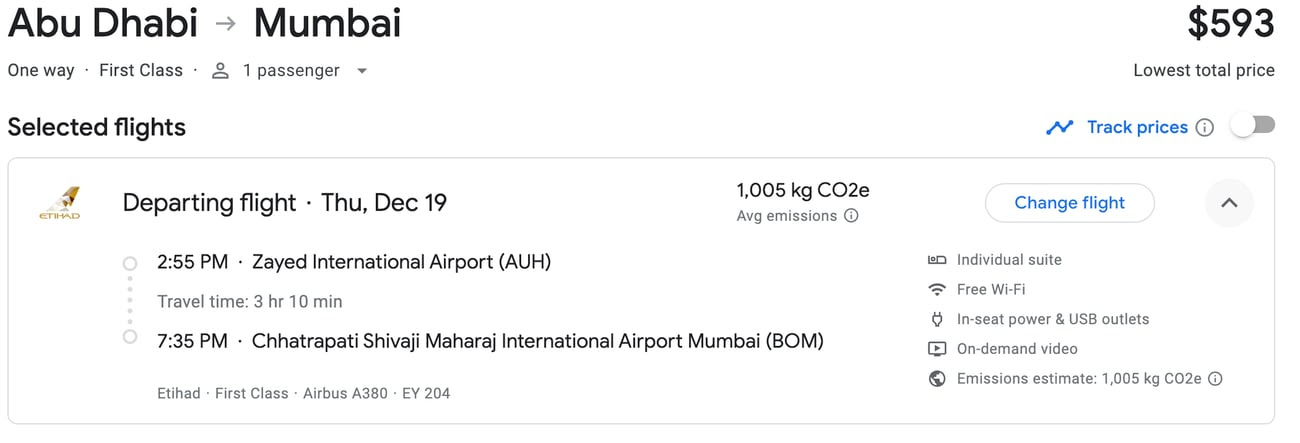 Airfare between Abu Dhabi and Mumbai in first class