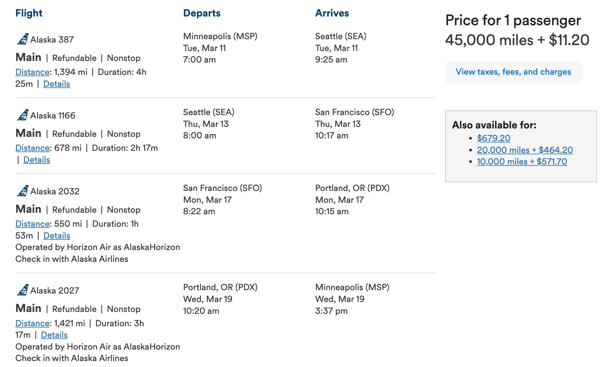 Alaska miles stopover MSP trip