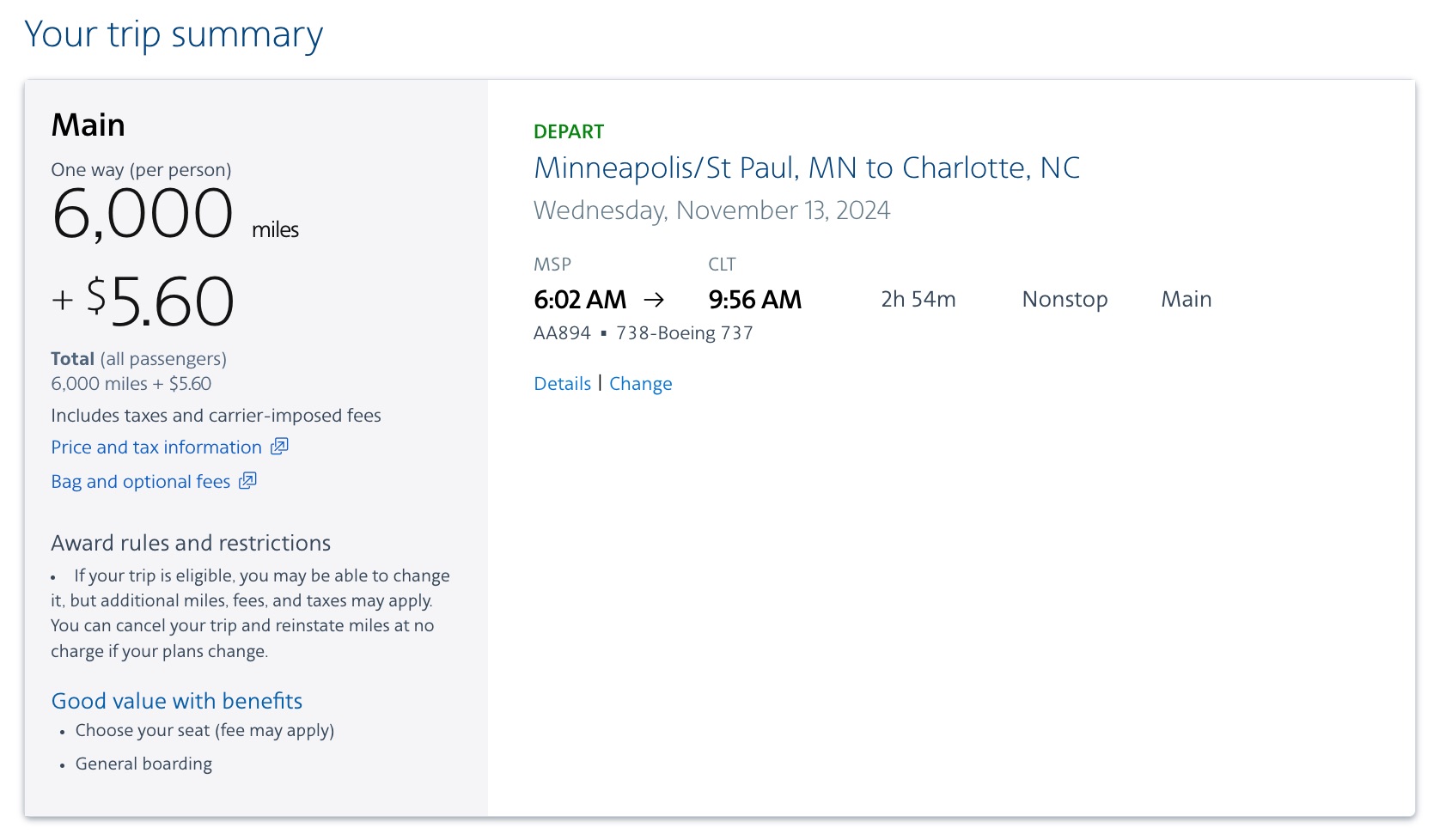 Minneapolis to Charlotte flight using American miles