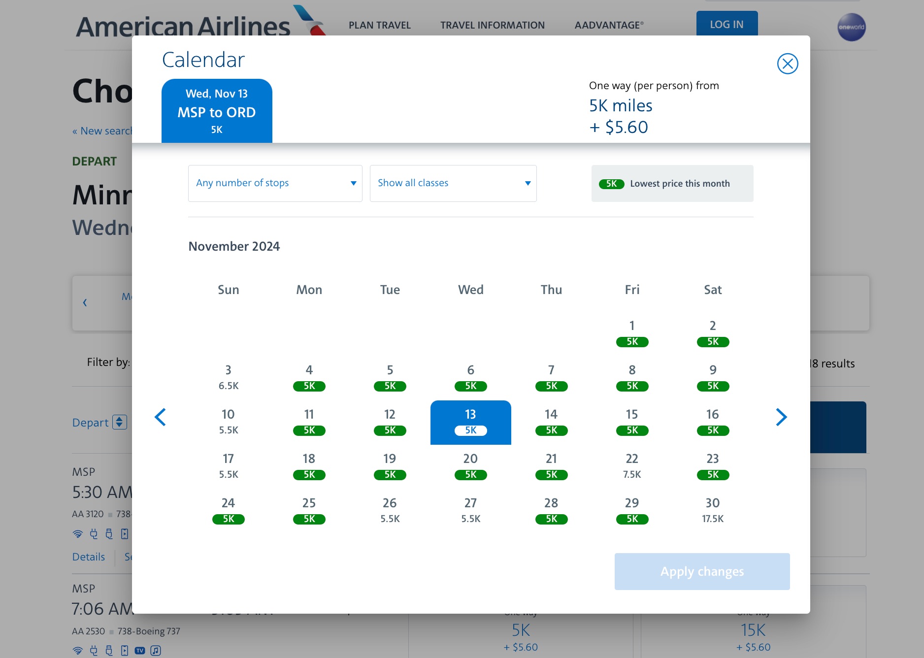 American Airlines price calendar for Minneapolis to Chicago flights using miles