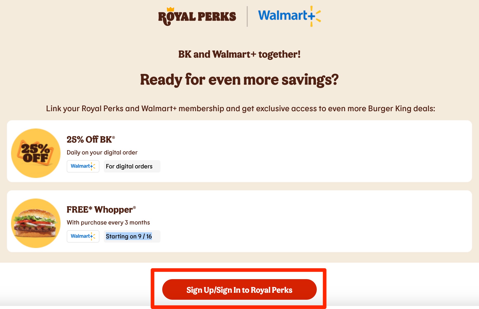 BK and Walmart+ Benefits Page