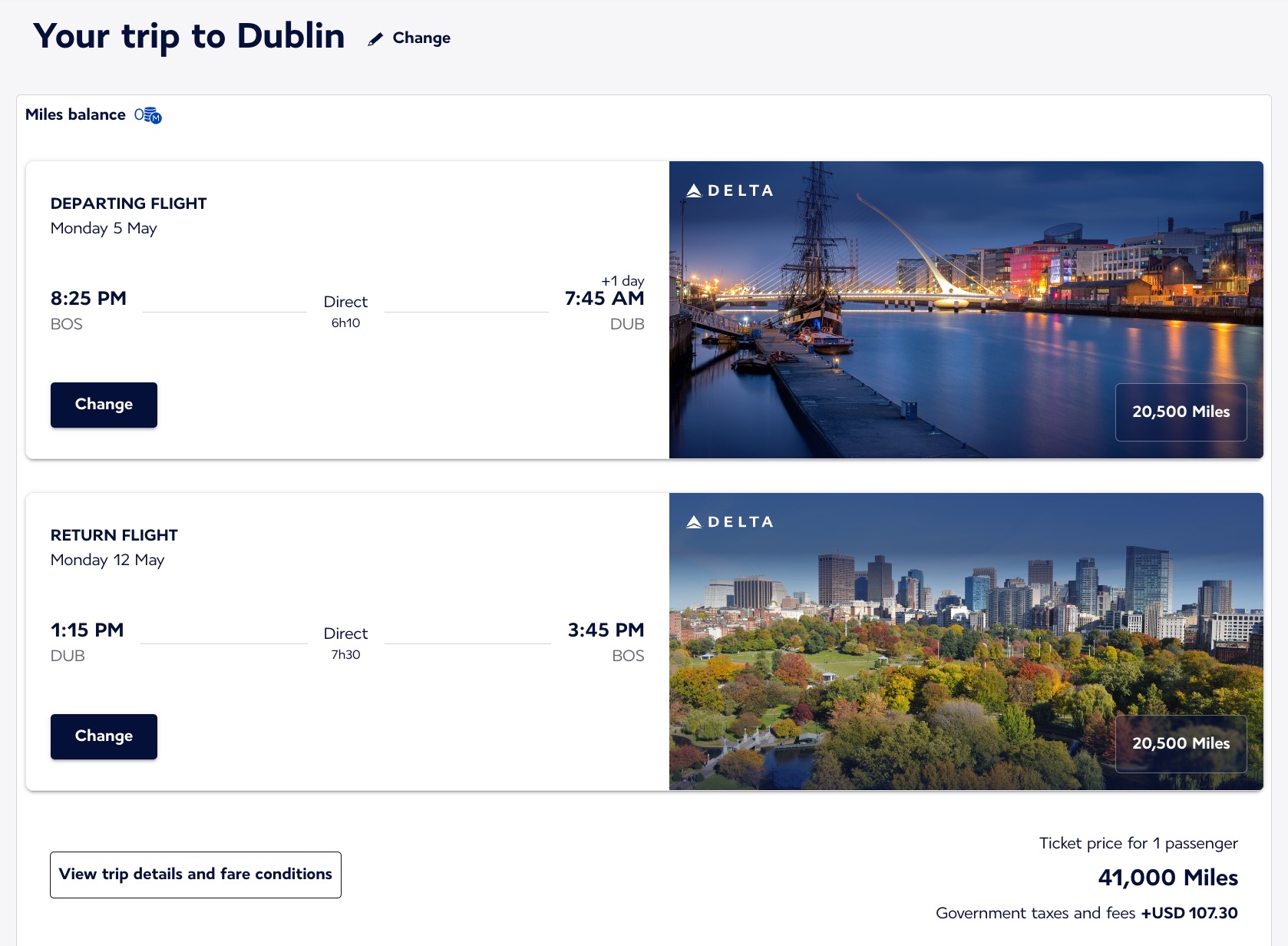 Dublin to Boston roundtrip flight for 41,000 Flying Blue miles and $107.30 